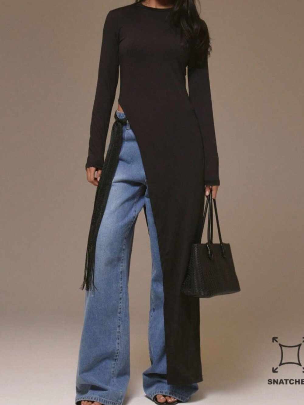 Black Casual Women's Knot Split Asymmetrical Hem Long Sleeve Slim Fit Plain Top